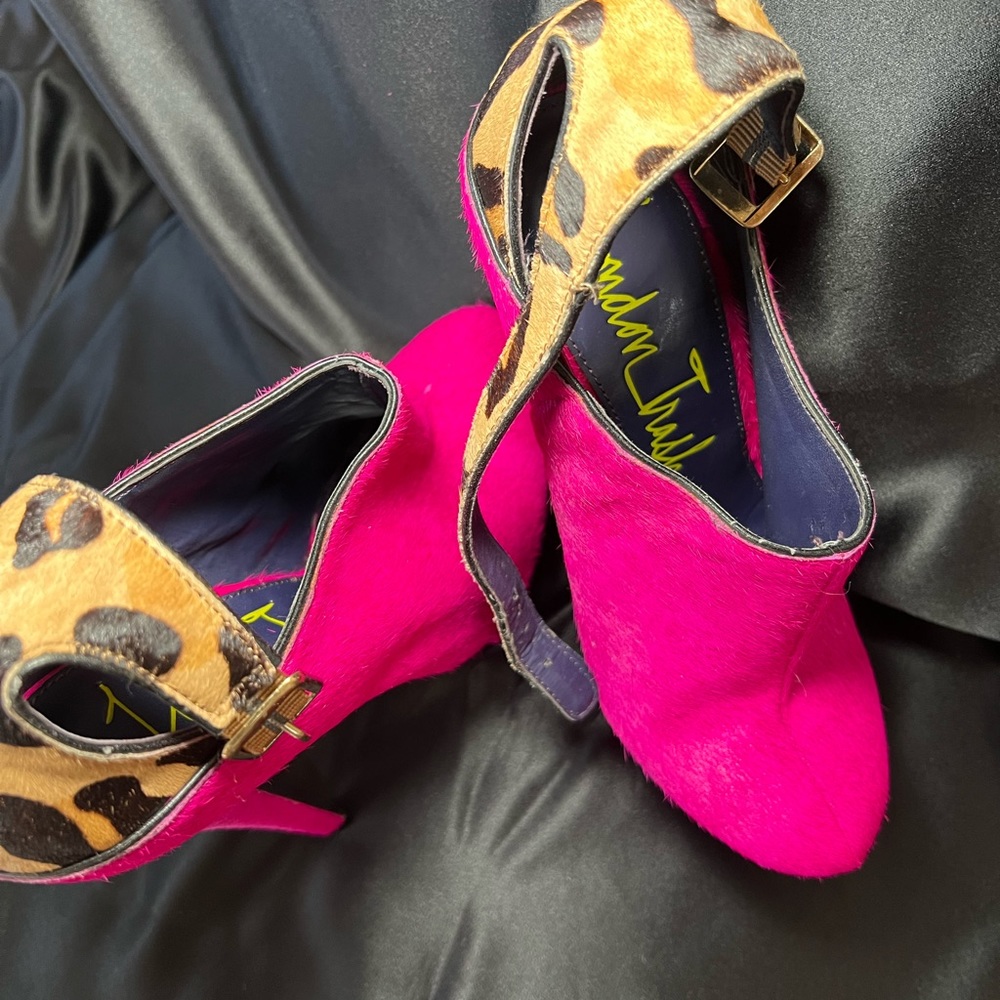 London Trash hot pink and leopard mohair platform stilettos